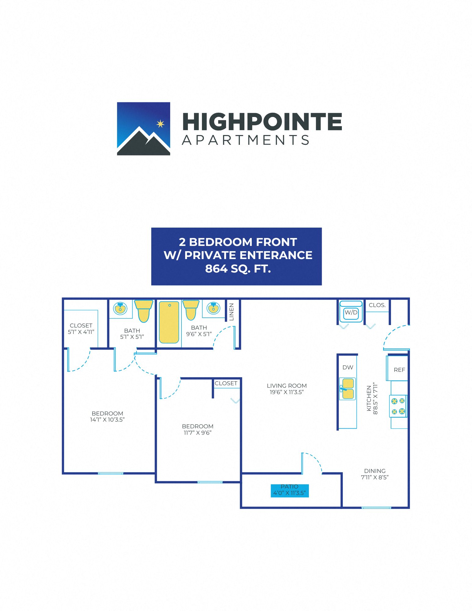 Floor plan for 2 beds, 1.5 baths, 864 sqft
